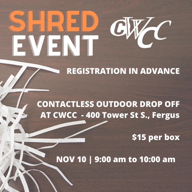 Looking to shred your confidential materials? Come join us on November 10th from 9:00-10:00am at the CWCC parking lot to dump your items in the ShredIt bin.
The cost is $15   HST per box.
Email communications@cwchamber.ca if you are planning to attend.


Join us tomorrow, November 10th, for another shred event. Come by the CWCC office and dump your confidential materials right into the ShredIt bin in our parking lot.
The Cost is $15   HST per box.
Email communications@cwchamber.ca if you are planning to attend.