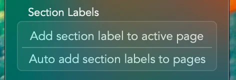 A panel of a Mac app showing Section Labels tools. Tools listed are 'Add section label to active page' & 'Auto add section labels to pages'.