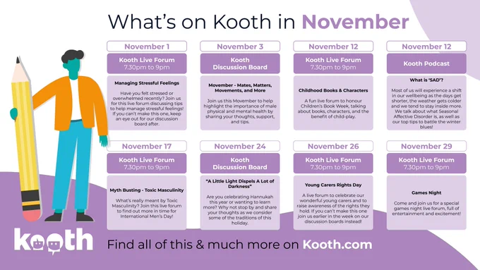 What's on Kooth in November

November 1 - Kooth Live Forum, 7:30pm to 9pm, Managing Stressful Feelings.

November 3 - Kooth Discussion Board, Movember - Mates, Matters, Movements, and More

November 12 - Kooth Live Forum, 7:30pm to 9pm - Childhood Books & Characters

November 12 - Kooth Podcast - What is 'SAD'?

November 17 - Kooth Live Forum, 7:30pm to 9pm, Myth Busting - Toxic Masculinity

November 24 - Kooth Discussion Board, Movember - "A Little Light Dispels A Lot of Darkness"

November 26 - Kooth Live Forum, 7:30pm to 9pm, Young Carers Rights Day

November 29 - Kooth Live Forum, 7:30pm to 9pm, Games Night

Find all this & much more on Kooth.com.
