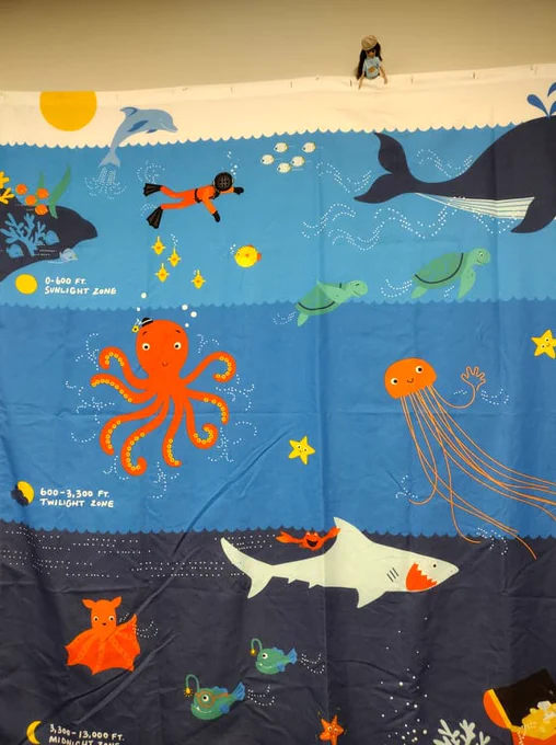Lottie doll is perched on a wall hanging that depicts the zones of the ocean.  Sunlight zone up to 600ft deep, Twilight Zone from 600 ft to 3300 ft and the Midnight Zone from 3300 ft to the ocean bottom. 