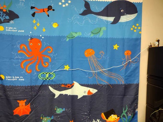 Lottie built an underwater robot from tubing and is seated near the wall hanging of the ocean regions.  Lottie is going to pilot her robot near an octopus.
