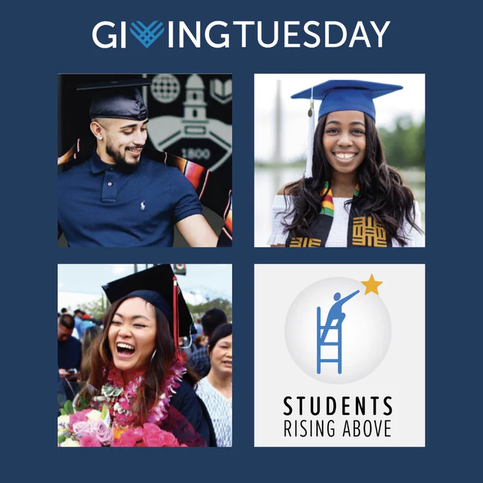 On a navy blue background, text reads Giving Tuesday, with the v designed as a heart. Four pictures are below, three of them being BIPOC college graduates and one being the Students Rising Above logo. 