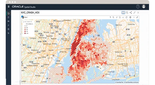 Oracle Autonomous Database offers Spatial features that allows developers and analysts to manage different types of geospatial data, perform hundreds of location intelligence analytics, and use interactive map visualization tools.