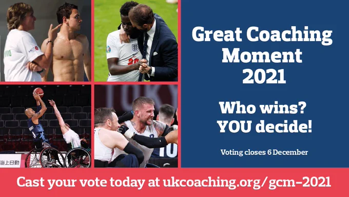 Four images of the Great Coaching Moment 2021 nominations:  Jane Figueiredo – Turning heartbreak into success with Daley’s Olympic gold.  Great Britain National Wheelchair Rugby’s Coaching Team – The impossible journey to gold in Tokyo.  Gareth Southgate – Taking the knee against racism, Euro 2020.  Gaz Choudhry – Coaching the wheelchair basketball team through crisis at Tokyo 2020