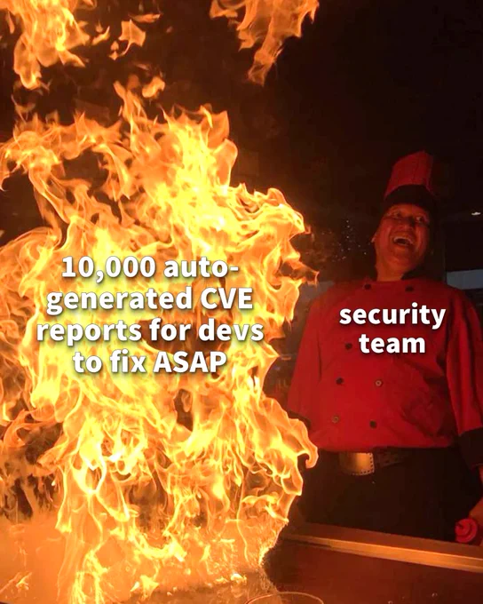 A meme image showing a raging fire, with a chef intensely gleeful in the background. The fire is labeled 10,000 auto-generated CVE reports for developers to fix as soon as possible. The chef is labeled security team.