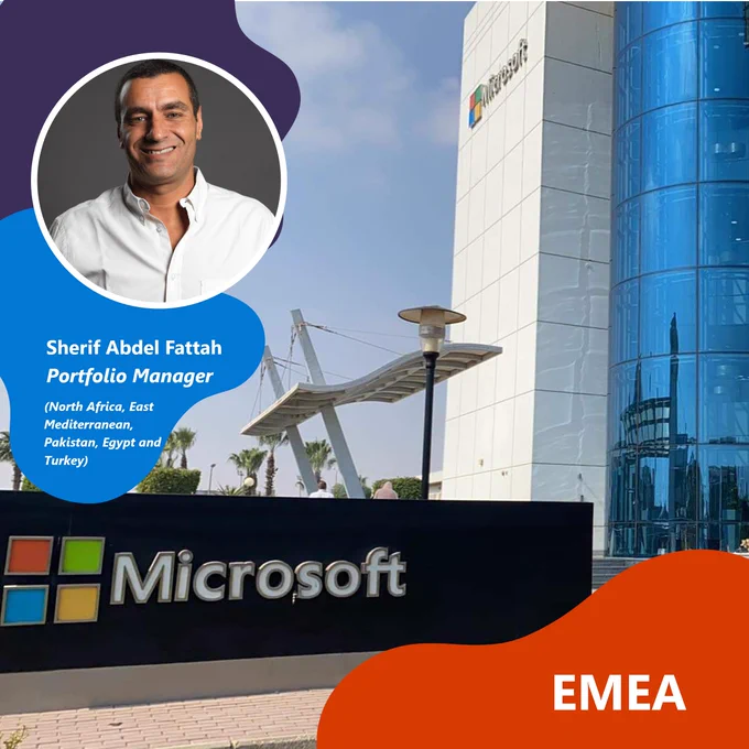 Background image is the outside of Microsoft Cairo office. In the top left is a head shot of a man smiling.