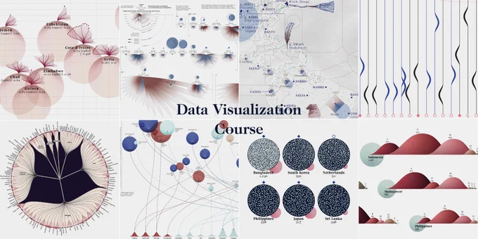 8 details from static data visualizations. The text in the center says "Data Visualization Course"
