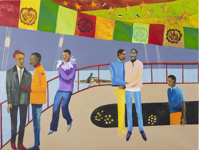 A painting of a ship yard with people standing around in vibrant clothing