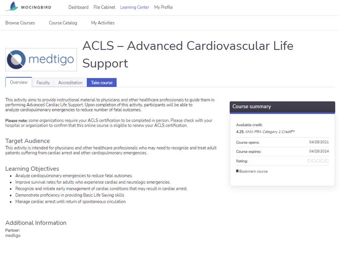 Mocingbird Learning Center's ACLS Medtigo Course 