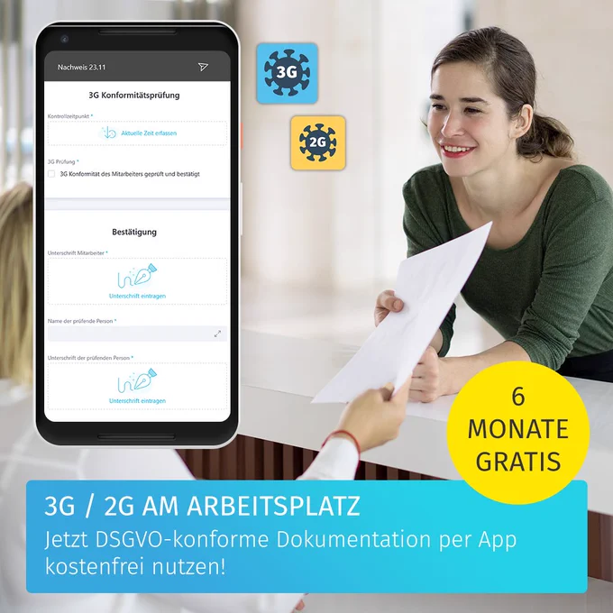 Wie ist es Firmen möglich, innerhalb weniger Tage eine geeignete 3G-Dokumentationslösung zu organisieren - unter Berücksichtigung der strengen Datenschutzbestimmungen?

Unmöglich? Weit gefehlt!

Mit smapOne haben Unternehmen in wenigen Minuten eine flexible, DSGVO-konforme App-Lösung zur Dokumentation der 3G-Konformität sowie der 2G-Nachweise von Angestellten.

Für 6 Monate bieten wir zwei individualisierbare App-Vorlagen ("3G Konformitätsnachweis" & "2G-Nachweis") zur kostenfreien Nutzung im smapOne Business-Paket an.