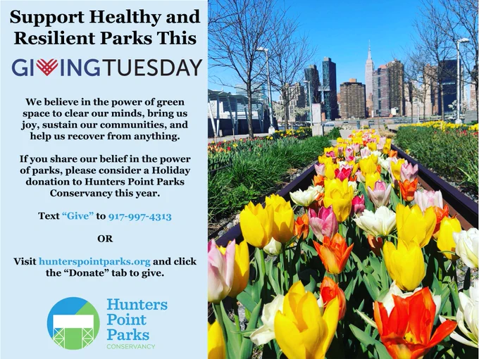 Square graphic showing yellow, pink, and red tulips in a park with the Manhattan skyline in the background, with the text: "Support Healthy and Resilient Parks This Giving Tuesday. We believe in the power of green spaces to clear our minds, bring us joy, sustain our communities, and help us recover from anything. If you share our belief in the power of parks, please consider a Holiday donation to Hunters Point Parks Conservancy this year. Text "Give" to 917-997-4313 or visit hunterspointparks.org and click the "donate" tab to give.