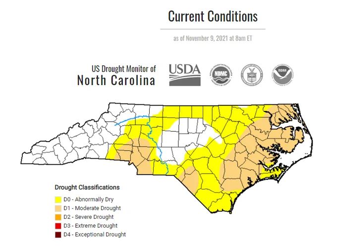 Map showing drought status across NC, abnormally dry to a moderate drought over most of eastern and southern NC.
