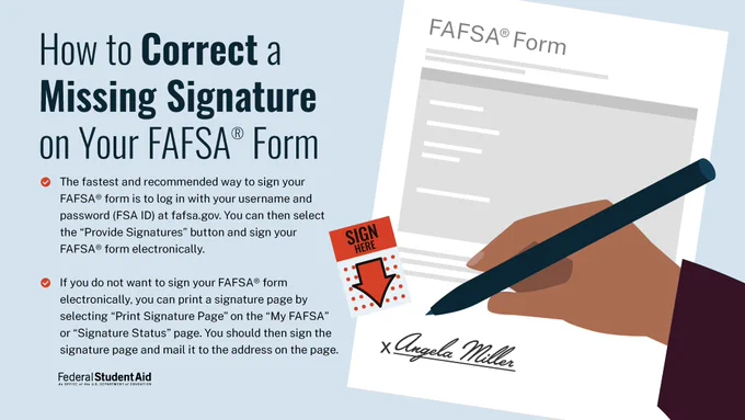 If your FAFSA form is missing a signature, the fastest and recommended way to sign your FAFSA form is to log in at fafsa.gov. You can select the provide signature button and sign your form electronically. If you do not want that, you can print a signature page by selecting print signature page on the my FAFSA or signature status page. You should then sign the page and mail it to the address on the page.