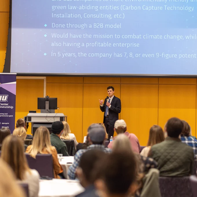 William Bornschein, History major, presents his idea on industrial carbon capture filters