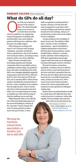 Article on “what do GPs do all day” which a picture of the author Helen.
