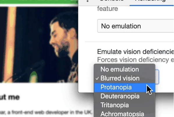Chrome DevTools, Umaar showcasing emulation of vision deficiencies.