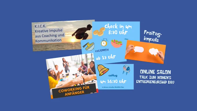Illustration auf blauem Hintergrund mit Events in der virtuellen cowirkspace Community: Früh-Kick-Starter mit Bodo Mohr, Check-Ins, virtuelle Mittagspause coLunch, coHug, Freitags-Impuls, Coworking für Anfänger, Online Salon: Talk zum Women's Entrepreneurship Day