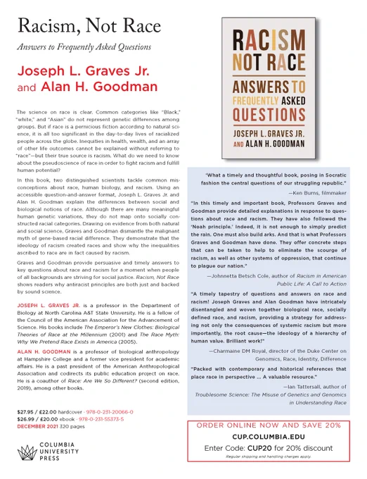Its a book!  Enter code CUP20 For 20% discount with Columbia U Press (they have been great!).  First review here: 

https://www.kirkusreviews.com/book-reviews/joseph-l-graves-jr/racism-not-race/