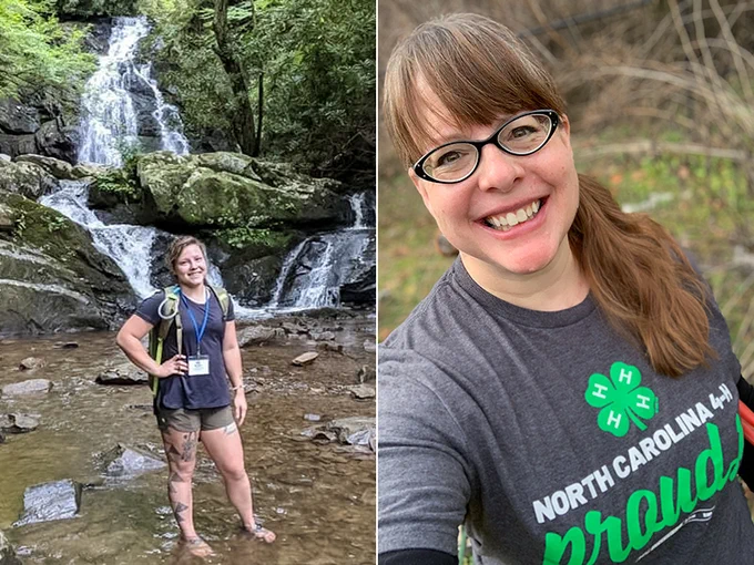 Katlin Roberts and Jessica Metz, Teachers at New Kituwah Academy, Cherokee NC. Katlin is standing in a mountain stream. Close up of Jessica outdoors, wearing an NC 4-H tee shirt. 
