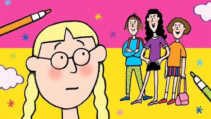 The front cover of Bad Girls - an illustration of a girl looking worried about a group of three bullies behind her