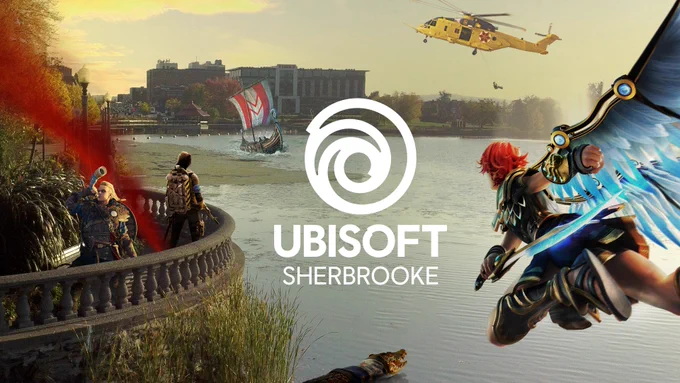 The Ubisoft Sherbrooke logo above a background consisting of multiple Ubisoft characters looking to or flying towards the horizon