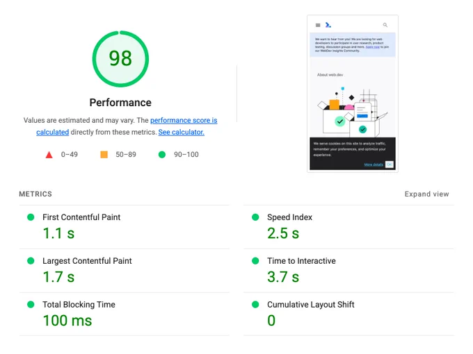 The refreshed Lighthouse 9.0 report, with an embedded screenshot of the page being tested and more prominent display of the performance metrics.
