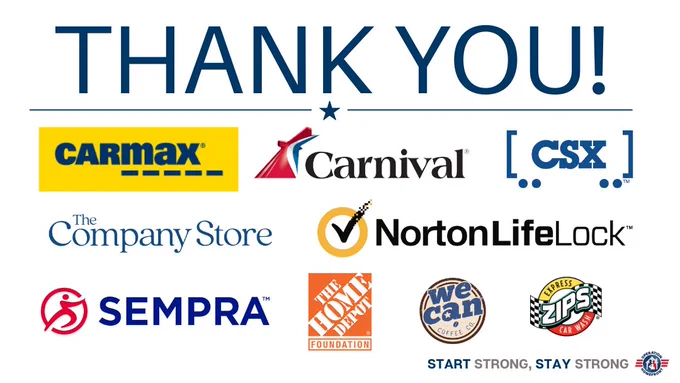 Graphic is white background with text saying thank you- along with the logos of CarMax, Carnival Cruise Lines, CSX, The Company Store, Norton LifeLock, Sempra, The Home Depot Foundation, We Can Coffee, and Zips Car Wash.