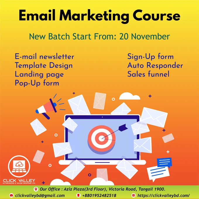 আপনি কি খেয়াল করেছেন, আপনার Email Inbox এ দারাজ অথবা ফুডপান্ডার ই-মেইল সবসময় আসতেই থাকে। 📧
নিশ্চিত আপনি একবার হলেও কিছু কিনেছেন ওখান থেকে। কিন্তু আপনার কি মনে হয় দারাজ অথবা অন্য যেকোনো অনলাইন ই-কমার্স সাইট আপনাকে প্রতিদিন বসে বসে ই-মেইল করছে!!!
না ব্যাপার টা কিন্তু তা না। এসব ই-মেইল প্রতিদিন করার জন্যে রয়েছে ই-মেইল ব্লাস্টের ব্যবস্থা। আর এসব কাজ করে থাকে ই-মেইল মার্কেটার।🤠 
👉 আপনিও কি চান এমন ই-মেইল মার্কেটার হতে? 
👉 টার্গেটেড অডিয়েন্স এর ভ্যালিড ই-মেইল বের করতে?
👉 আপনিও কি চান আপনার ই-মেইল গুলো কাস্টমার খুলে দেখুক? 
👉 একসাথে হাজার হাজার জনকে ই-মেইল করার পদ্ধতি কি জানা আছে?
👉 E-mail newsletter, Template Design, Landing page, Pop-Up form, Signup form, Auto responder, Sales funnel, Ad campaign এই শব্দ গুলোর সাথে কি আপনি পরিচিত? 
✌ আপনি কি শিখতে চান এই গুলো কিভাবে করতে হয়? এর মাধ্যমে বাসায় বসেই ইনকাম করতে চান?
✔ তাহলে ই-মেইল মার্কেটিং এর কোর্স টি আপনার জন্য। মাত্র ১২—১৪ টি ক্লাসেই শিখতে পারবেন ই-মেইল মার্কেটিং এর A to Z.
✔ তাছাড়া এরসাথে ফ্রি পাচ্ছেন Fiverr Marketing কোর্স।