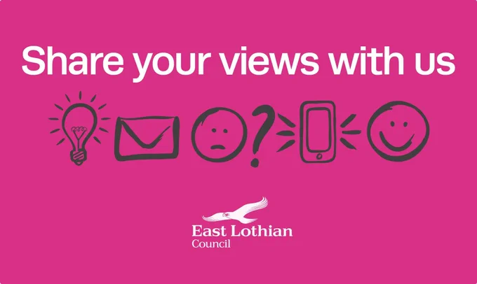 Pink background with graphic illustration of lightbulb, envelope, confused face, question mark, phone, smiling face. Text in white says share your views with us.