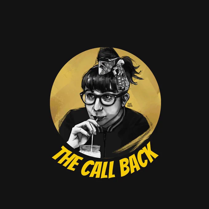 A digital illustration of a person in monochrome at the centre of a yellow circle framed by black. The person sips a smoothie from a straw out of a jar, looking brightly intent, facing forward slightly on an angle. They wear heavy framed glasses, have a fringe and wear a patterned scarf tied into a bow in their hair. The text below the yellow circle reads “The Call Back”, also in yellow.