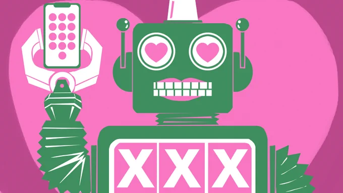 An illustration of a retro-style robot with fuschia hearts in its eyes, lipstick around its mouth and three Xs on its chest. It is holding up a cellphone in a robotic claw.
