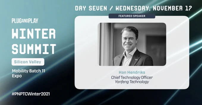Han Hendriks is in a suit on a background with text that reads PlugandPlay Winter Summit Mobility Batch 11 Expo, Nov. 17