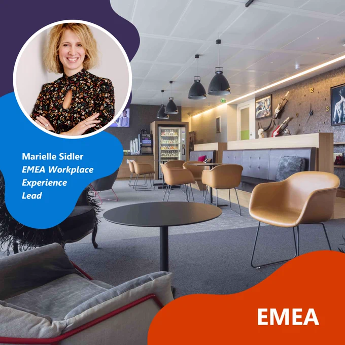 Background image is of Microsoft Paris office. In the top left is a headshot of a woman smiling.