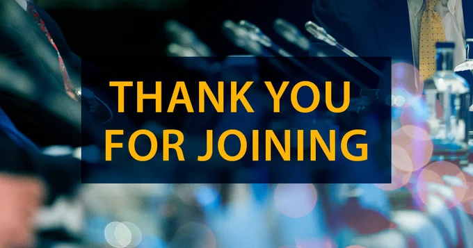 Background with blurred people in suits and ties at a conference table, Thank you for joining”