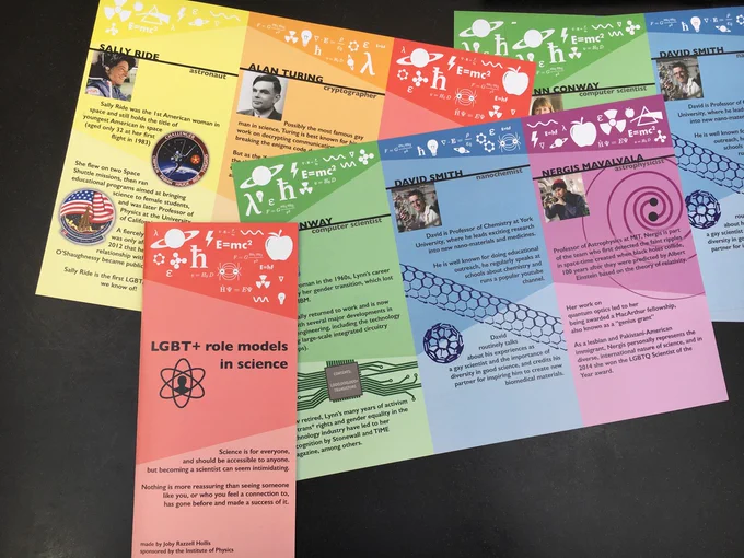 A photo of several brightly-coloured leaflets that highlight the lives and careers of different LGBT  role models in science, including Sally Ride, Alan Turing, Lynne Conway, David Smith, and Nergis Mavalvala