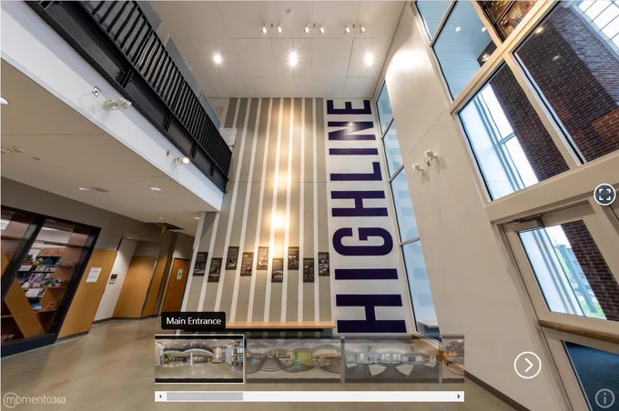 Screenshot of 360-degree photo slideshow of interior of Highline High School.