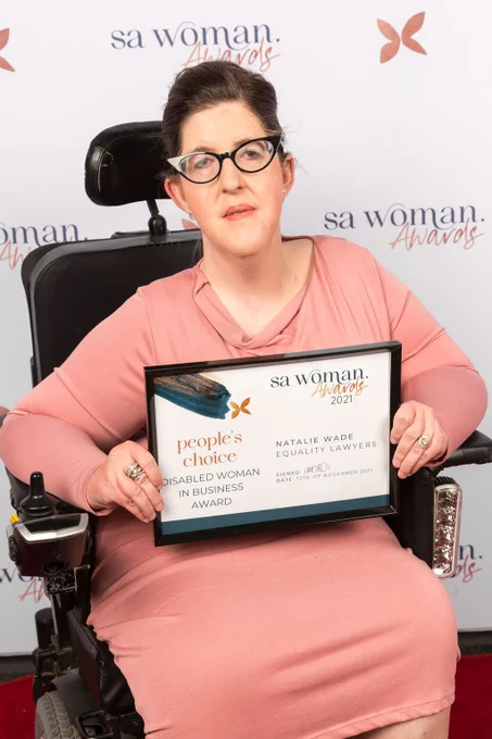 Natalie Wade pictured with her South Australian Woman's Disabled Woman in Business People's Choice Award