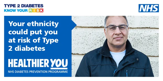 A graphic to promote the Healthier You NHS Diabetes Prevention Programme. The text on the right reads 'Your ethnicity could put you at risk of Type 2 diabetes.' 