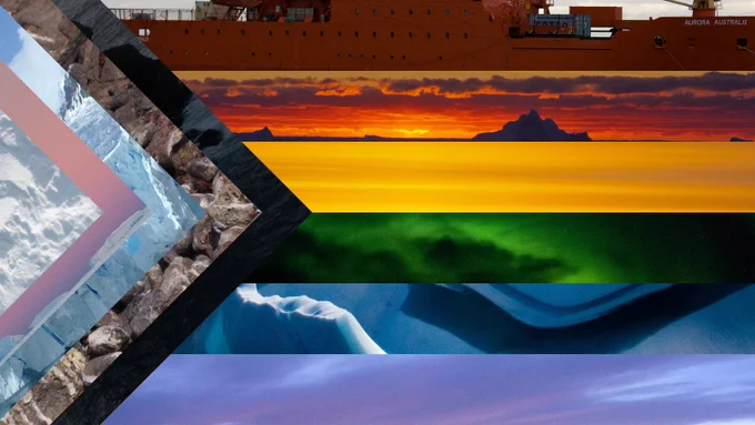 Antarctic pride flag compiled from various image clippings from photos taken in Antarctica.