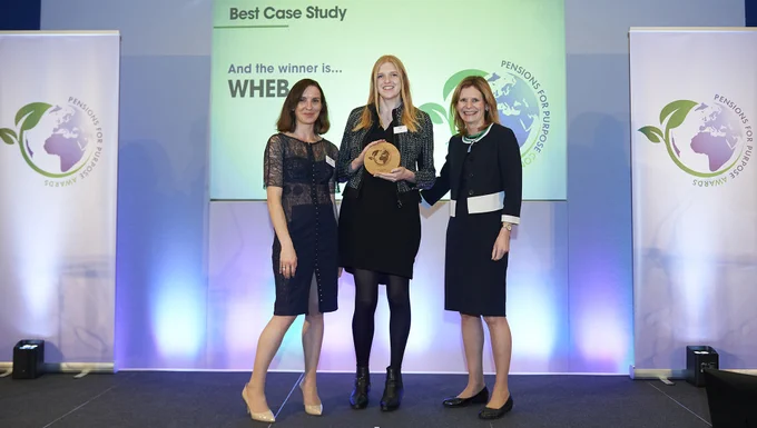 Claire Jervis, WHEB, collecting the Best Case Study Content Award at the Pensions for Purpose Awards 2021.