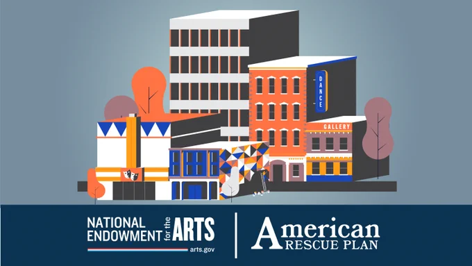 Clip art city featuring creative spaces on a blue background. A bar shows the NEA logo and “American Rescue Plan.”