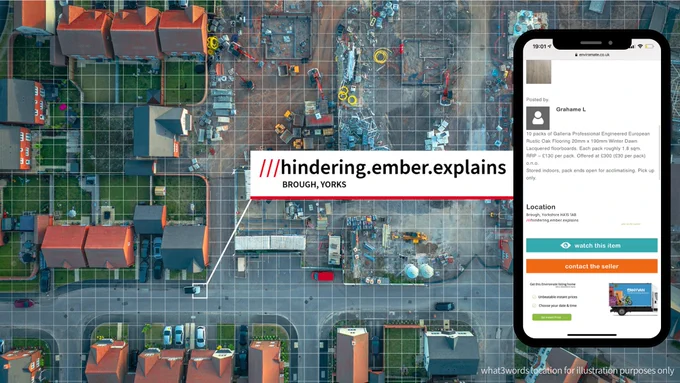 An aerial image of a construction site with a what3words address pointing to a precise spot. 