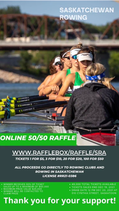 This is a photo of Saskatchewan rowers with information about our online 50/50 raffle. Buy tickets at https://www.rafflebox.ca/raffle/sra