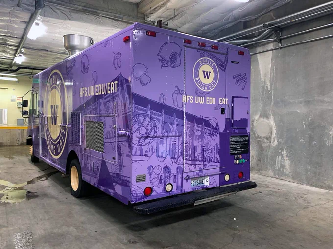 UW Mobile Dining Unit truck wrap, completed by SuperGraphics. A purple truck with UW building and food illustrations.