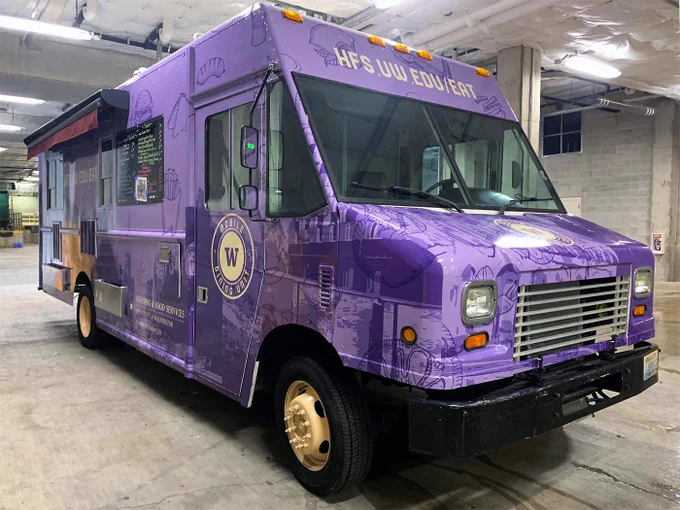 UW Mobile Dining Unit truck wrap, completed by SuperGraphics. A purple truck with UW building and food illustrations.