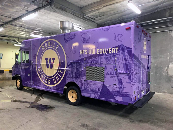UW Mobile Dining Unit truck wrap, completed by SuperGraphics. A purple truck with UW building and food illustrations.