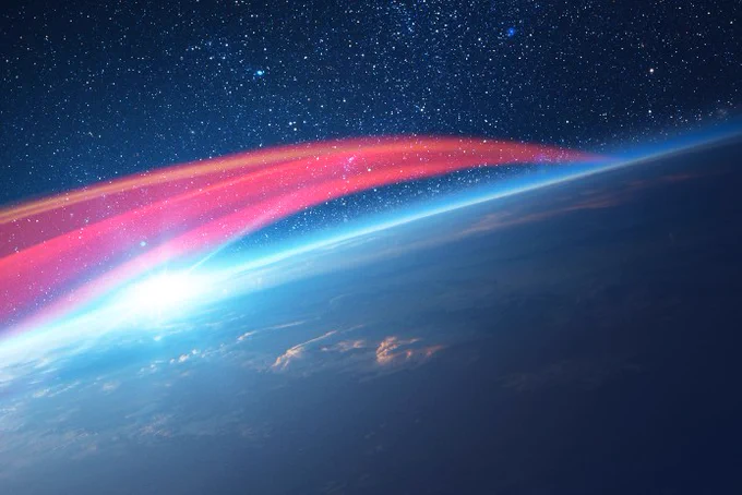 A red streak of light in space caused by the flight of a hypersonic missile. 