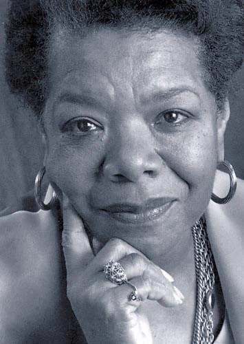 A black and white image of Maya Angelou looking straight forward with her hand on her chin.