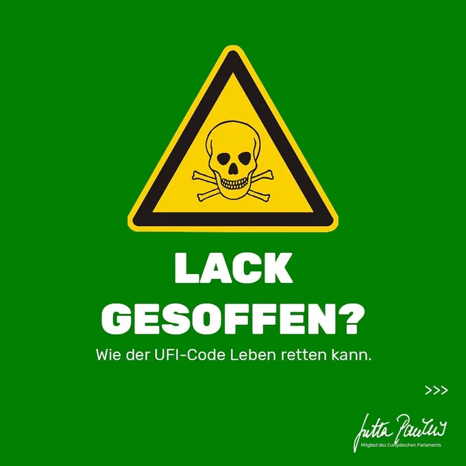 Gefahrensymbol mit Totenkopf, darunter der Text "Lack gesoffen - wie der UFI-Code Leben retten kann"