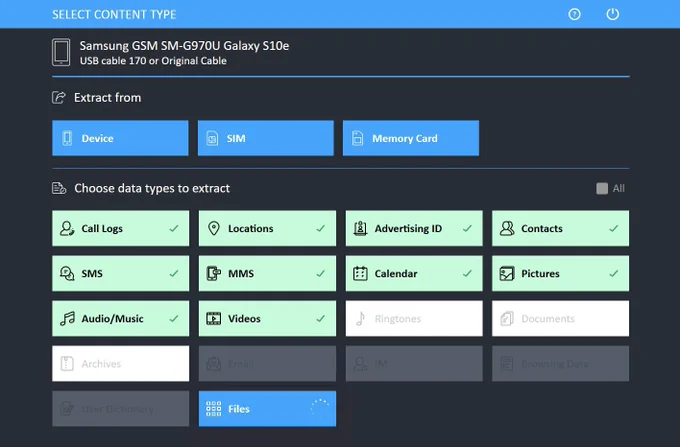 A screenshot of a cellebrite mobile forensic tool interface. Buttons include data types to extract, such as cell logs, locations, contacts, calendar, pictures, and videos. 